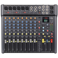 Fully featured audio mixer with 6 mono input channels, 2 stereo line inputs, stereo Aux input and a further minijack stereo input.&nbsp;<br /><br />Each mono mic/line channel has a combo XLR/jack input with +48V phantom power switchable in pairs for the XLR inputs.&nbsp;<br /><br />Each mic/line channel has a Gain control for matching the input source and a low-cut switch to filter out rumble or handling noise from microphones.&nbsp;<br /><br />Each mono channel also has High/Mid/Low EQ controls, Aux out level, FX level, Pan control and a 60mm channel fader.&nbsp;<br /><br />The onboard foot-switchable DSP effects engine has 99 presets for delay, reverb and modulation effects, each of which can be adjusted using two parameter controls.&nbsp;<br /><br />An onboard Bluetooth receiver has an illuminated pairing button and independent volume control.&nbsp;<br /><br />The USB type-A port on the top panel is for playback of audio files or can be used to record the main outputs to a USB storage device or as an external audio device when connected to a laptop.&nbsp;<br /><br />Main output is served by left &amp; right XLR, in addition to 6.3mm monitor and headphone outputs and the Aux send &amp; stereo return loop.&nbsp;<br /><br /><br />